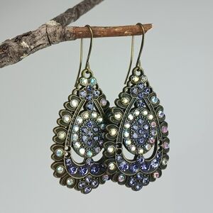 HAND CRAFTED Vintage Glam Boho Crystal Brass Teardrop Statement Dangle Earrings